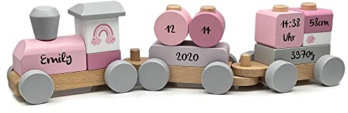 Personalisierte Eisenbahn in rosa I Geschenk zur Geburt für Mädchen I Bedruckt I Holzzug mit Namen & Geburtsdaten I Personalisierbare Baby Geschenke