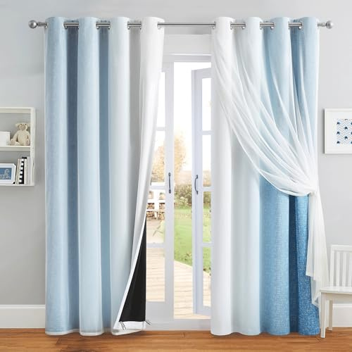 Geomoroccan Ombre Verdunkelungsvorhang, Ösen Gardinen mit weißer Spitze, durchscheinend, elegant, mehrlagig, wärmeisoliert, für Schlafzimmer und Wohnzimmer, 2 Paneele (132,1 x 213,4 cm, Blau und Weiß)