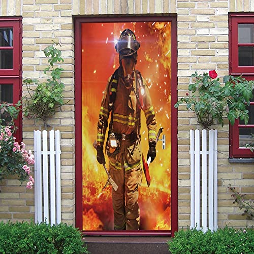 fototapete tür 85x215cm(33.46 inches * 84.64 inches) Feuerwehr Feuerwehrmann TürPoster 3D Bewirken Fototapete Türfolie Poster Tapete Abnehmbar Wandtapete für Wohnzimmer Küche Schlafzimmer