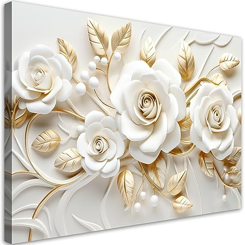 Feeby Bild Auf Leinwand Blumen 3D 60x40 cm 1 tlg Modern Leinwandbilder Bild auf Leinwand Kunstdruck Wand Bild Wanddeko Design Schlafzimmer Büro Flur Hotel Spa Wohnzimmer Natur Botanik AI Weiß
