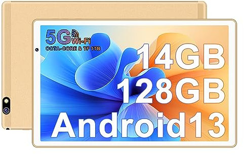 Tablet Android Tablet 10 Pollici Tablet con 5G WiFi, 14GB RAM + 128GB ROM(TF/1TB), Octa-Core 2.0 GHz, Bluetooth 5.0, 8000mAh, 5MP + 8MP, 1280 * 800 FHD, 2025 Newest Tablet Tactile Film con Case-Gold