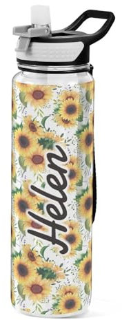 Mnsruu Personalised Summer Flowers Sunflower Water Bottle 1L with Straw, Customised Names Leakproof BPA Free Tritan Drink Bottle, Sport Water Bottle