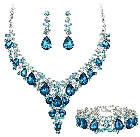EVER FAITH Statement Schmuckset für Damen Kristall Blume rund Teardrop Braut Halskette baumeln Ohrringe und Armband Set Hellblau Silber-Tone