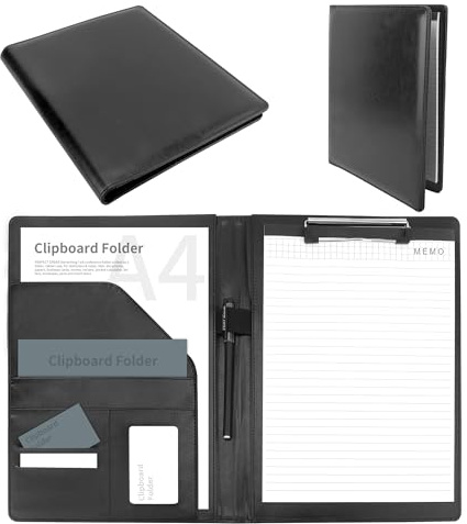 AZKEEGREY 2 Stück Leder Klemmbrett A4 mit Deckel, A4 Schreibmappe Schwarz | Konferenzmappe Aktenmappe Arbeitsmappe mit Taschen, Ordner Klemmmappe Organizer