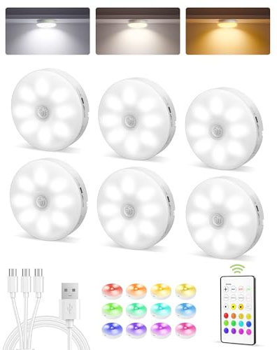 EZVALO 6-Pack Under Cabinet Lighting, Rechargeable Motion Sensor Puck Lights with Remote, 3 Color Temps &12 RGB LED Night Light, Magnetic Stick on Light, Dimmable Under Counter Lights for Kitchen