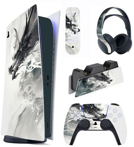 PlayVital Skin Kompatibel mit ps5 Konsole Digital Edition,Aufkleber Vinyl-Skin Schutzfolie Stickers für PS5 Konsole,Controller,Ladestation,Headset,Medienfernbedienung-Tintengeistdrache