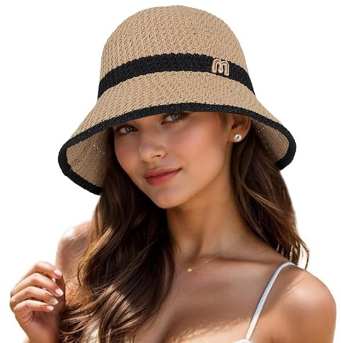 Women Straw Sun Hat - Summer Wide Brim Summer UV Protection Beach Hat Foldable Packable Crochet Bucket Hat for Outdoor Travel Khaki