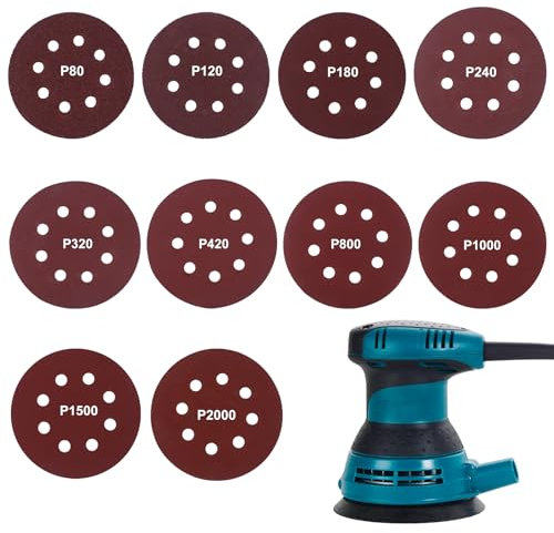 MIYUANGKJ 100 unidades de papel de lija de 125 mm, con velcro, profesional, 8 agujeros, discos de lija redondos para lijadora orbital, con grano 80/120/180/240/320/400/800/1000/1500/2000 x 10