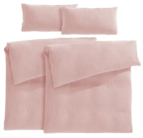 Pure Label Musselin Bettwäsche 155x220 4-teilig bestehend aus Bettbezug 155 x 220 cm 2er Set, Kissenbezug 40x80 cm 2er Set aus Baumwolle - Traumhaft kuschelige Bettwäsche-Sets in rosa