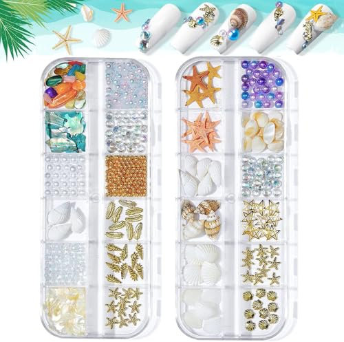 Ocean Themed Nail Charms - 2 Boxes Irregular Abalone Shell Slices, Conch Starfish, Mini Stone Pearls, Colorful Beads 3D Nail Art Decorations for Manicure Design DIY Crafts