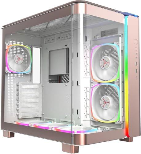 MONTECH, King 95 PRO Boîtier de jeu PC ATX à double chambre avec haut débit d'air, façade en verre trempé incurvé robuste, six ventilateurs ARGB PWM pré-installés avec hub de ventilateur, or rose,
