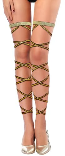 Flayem Damen Elastische Bein Strumpfband Sparkly Beinwickel rutschfeste Einstellbare Festival Party Dance Fishnet Zubehör (Schwarz-Gold)