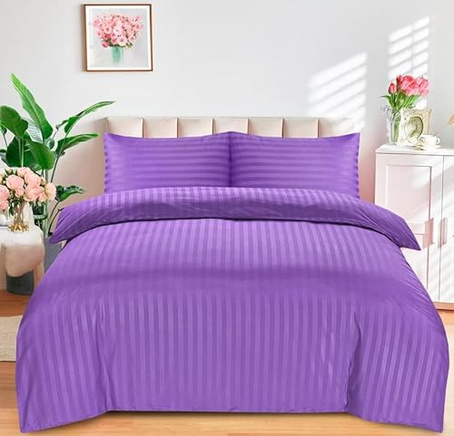 DTEX HOMES Double Duvet Set Brushed Microfiber Satin Stripes Easy Care Duvet Cover with Pillow cases (Purple -Double)
