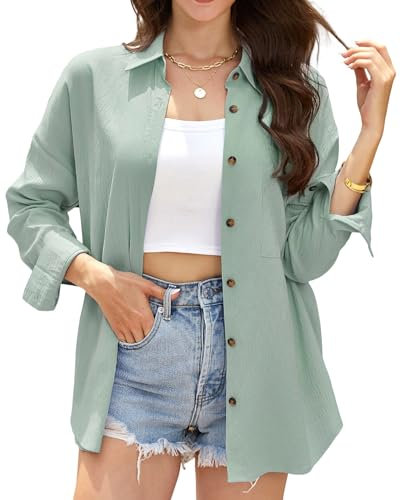 Stamain Sage Green Shirts for Women UK Casual Cotton Long Sleeve Blouse Ladies Button Up Oversized Shirt V Neck Office Work Tops for Summer Autumn S