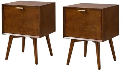 HULALA HOME Nachttisch 2er Set mit versteckter Schublade Nachtschrank mit Steckdose Mitte des Jahrhunderts modern Nachttisch mit ausgestellten Beinen, Walnuss