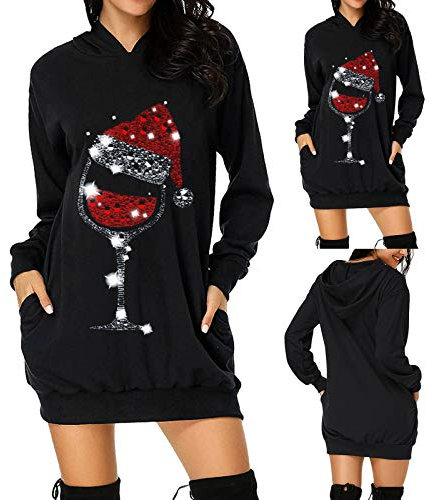 ugly christmas sweater, Weihnachtskleid Damen Elegant Rot Weinglas Druck Merry Christmas Hoodie Kleid Sweatkleid Große Größen Warm Lang Weihnachtspullover Weihnachten Kleider Lustig Rentier Print