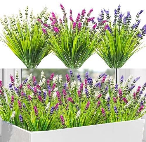 SHEPIN 12 Bündel Künstliche Gräser wie echt, Künstliche Lavendel Außenbereich Kunstgras Wetterfest UV-beständige, 3 Farben Kunstblumen Kunstpflanzen Outdoor Dekogras Balkonpflanzen Blumenkasten