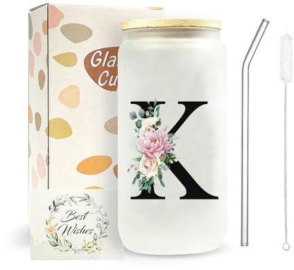 JEKUGOT Personalised Travel Mug, Tumbler Glass Cups with Lids and Straws, A-Z Custom Mugs, Glass Coffee Travel Mug, Iced Coffee Cup Birthday Gifts for Women, Personalised Gifts for Mothers,Friends(K)