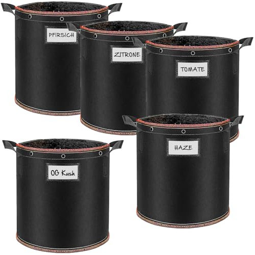 BOLDiX Growbags | Extra stabile Stofftöpfe aus 400g/m² Vliesstoff inkl. Wasserfeste Etikettentasche & Löcher für LST (Low-Stress-Training) | Pflanzsack Wiederverwendbar & BPA-frei (5 x 11 Liter)