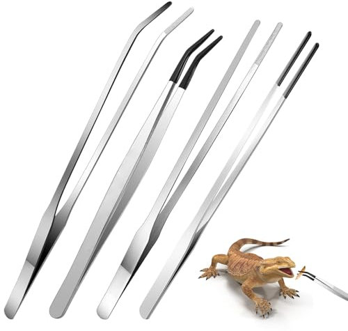 Vexran Aquarium Pinzette Edelstahl, 4 Stück Gerade Pinzette Und Gebogene Spitze Pinzette Lange Mit Gummispitze Gerade und Gebogen Pinzetteterrarium Werkzeug,Futterwerkzeug für Aquarium, Silber