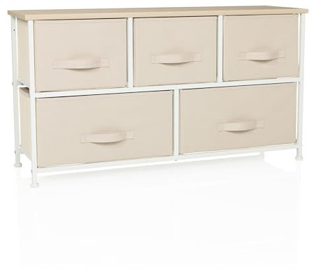hjh LIVING Kommode mit 5 Stoffschubladen FOLDAR 100x30x55 cm Schubladenkommode Organizer, höhenverstellbare Fußgleiter, Metall-Gestell, Beige