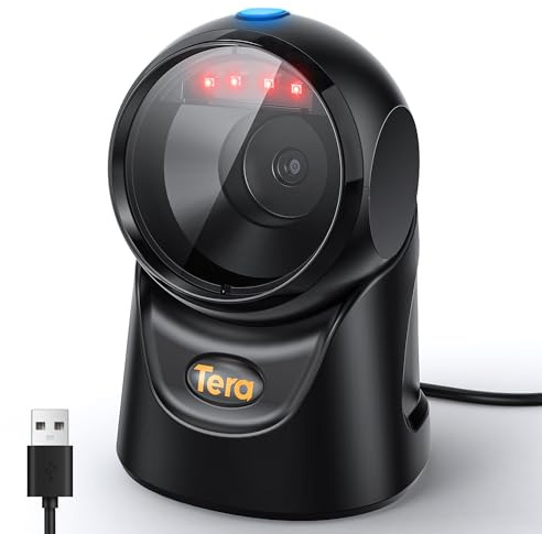 Tera Barcode Scanner Handsfree Omnidirectional: Desktop 1D 2D QR USB Wired Adjustable Angle Plug and Play Bar Code Reader for POS Supermarket Retail Store Mobile Payment Model 9700
