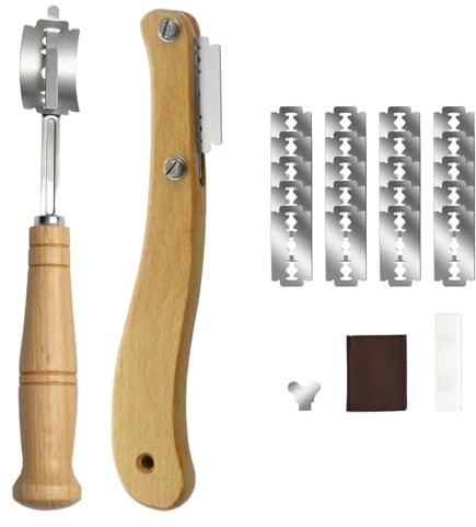 TTSTOIEE Bäckermesser – 2 Brotmesser + 20 austauschbare Klingen + Lederscheide, Teigmesser mit rutschfestem Holzgriff, scharf und langlebig