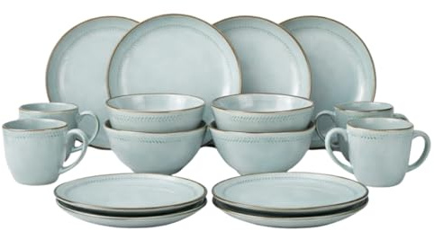 Mica Decorations Racco Geschirrset für 4 Personen – Frühstücksteller, Schüssel, Kaffeebecher und Speiseteller – Teller Set Steingut Geschirr – Spülmaschinenfestes Geschirrset – Hellgrau