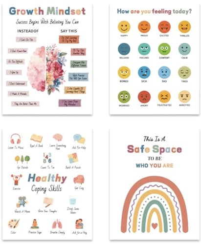 GOMAKERER 4 Stück Poster Zur Psychischen, Gesundheit Poster Zur Wachstumsmentalität Inspirierende Wandkunst Für Therapiebüros Büro Schule Berater Inspirierende Wandkunst Für Bewältigungsfähigkeiten