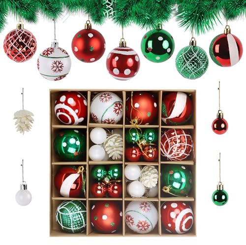 42PCS Christmas Baubles Set, 6CM Shatterproof Plastic Tree Decorations with 6 Finishes Including Glitter, Matte and Disco, Lightweight Hanging Balls for Xmas Tree, Wreaths and DIY Crafts (RED GREEN)