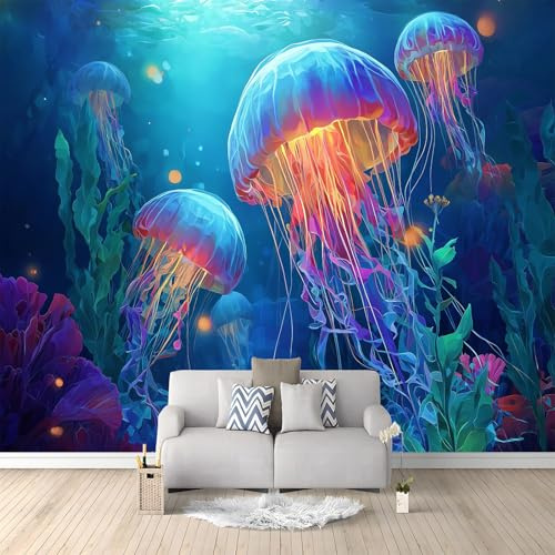 Vlies Fototapete Wasserfall 250 x 175 cm, Foto Tapete Schlafzimmer Wohnzimmer Vliestapete, Dunkelblau Wandtapete Motivtapeten 3d Effekt Wand Dekoration - Natur Cartoons Meerestiere Quallen