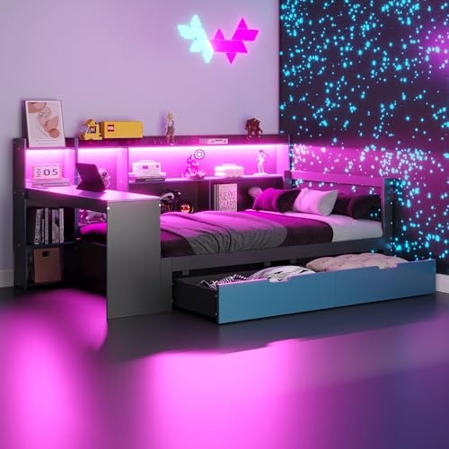 Merax Holzbett Schlafsofa 90x200 cm, mit Schreibtisch, Bücherregal, Staufächern und Schubladen, integrierter LED-Beleuchtung und Steckdosen mit USB, Massivholzrahmen, Schwarz & Blau (ohne Matratze)