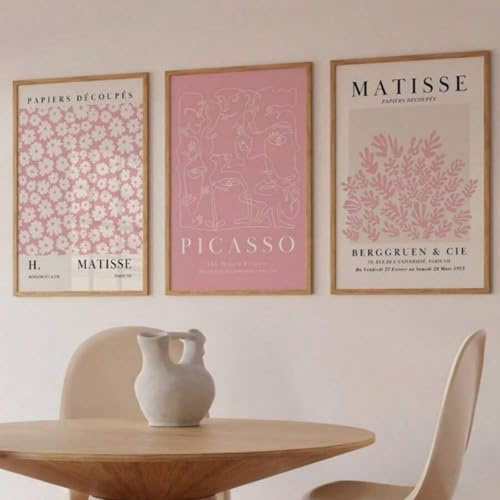 JORCEDI 3er Matisse Poster Set, Rosa Abstraktem Salbei-Matisse-Wandkunst, Stilvolles Blumen Bilder, für Wohnzimmer Schlafzimmer Bad Küche Büro, Ohne Rahmen (40x50cm)