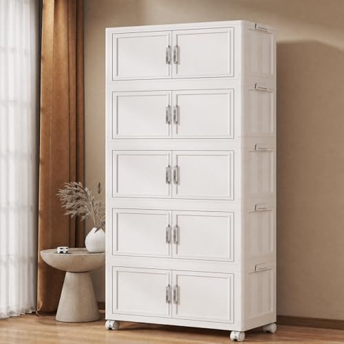 Naviconvex Storage Boxes with Lid, 120L*5 Tier Plastic Storage Box with 1 Lid, Foldable Boxes, Stackable Drawers with Wheels, Plastic Box Organiser for Office Supplies/Snacks/Books/Clothes