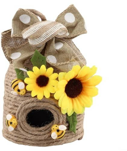 Handgefertigter Bienenstock-Dekor aus 100 % Seilmaterial mit Sonnenblumen- und karierten Band-Details, kompaktes Bienenhaus für Kaminsims, Regal oder Tischplatte (B und B)
