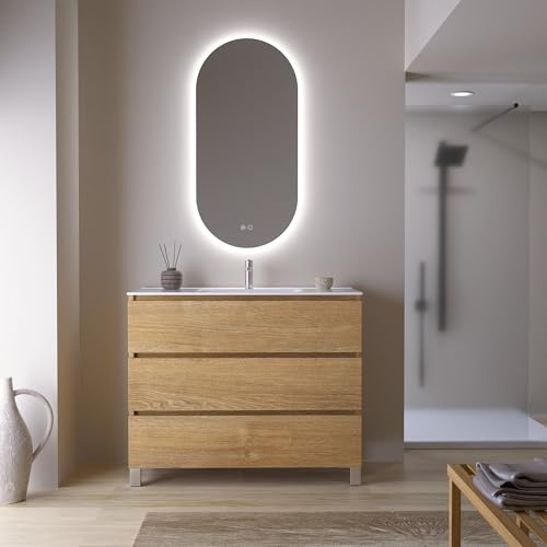 Feel Your Bath Conjunto Mueble de Baño Jaguar 100 cm Marrón Madera, 3 Cajones Soft Close, Patas Negras, Encimera Cerámica Blanco Brillo con Lavabo y Espejo Ovalado LED Antivaho, Gran Almacenaje