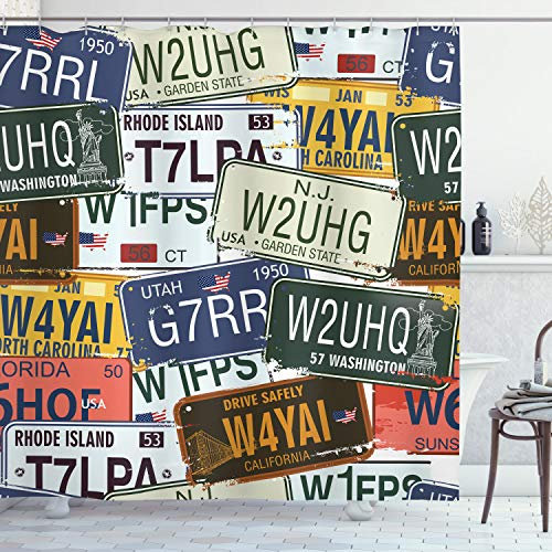 ABAKUHAUS Retro Duschvorhang, Vintage Reise-Platte, Stoffliches Gewebe Badezimmerdekorationsset mit Haken, 175 x 240 cm, Grün Blau Gelb