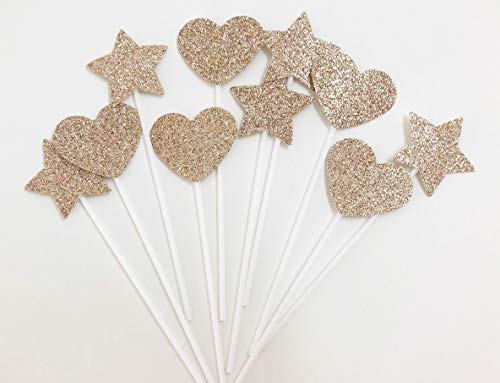 AILEXI Handmade 10 Counts Glitter Cake Toppers for Decorating Frozen Cupcake Toothpicks - Champagne Gold 5 Hearts and 5 Stars
