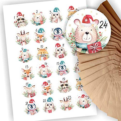 Adventskalender zum Befüllen 24 braune Geschenktüten Kraftpapiertüten + 24 weihnachtliche Aufkleber Papiertüte DIY Tiere