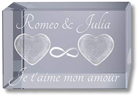 3Dglas 3D Cristal Cuboïde XL 80mm | 2 cœurs et l'infini | Noms et Mots d'amour gravés | Don d'amour
