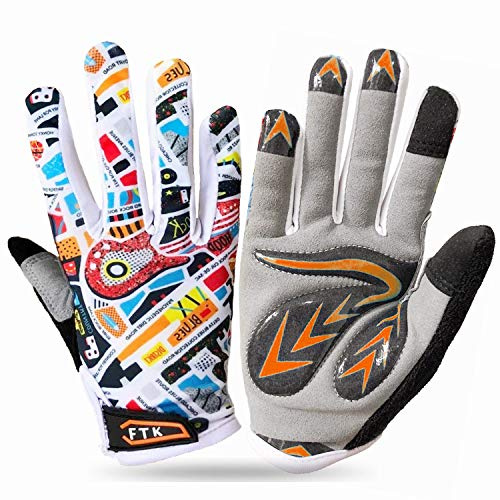 Gants Velo Enfant Cyclisme Junior Running VTT Moto Plein Doigt Poignée Paire, Gant Bicyclette Escalade Randonnée Skateboard Gel Résistant à l'abrasion Antideparant Mitaines Outdoor (L, Orange Clair)