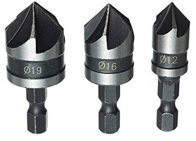 HPMAISON 3 Pièces 1/4 Tige Hexagonale HCS Fraise à Chanfreiner 5 Flûte 90 Degrés Foret Embouts Pour Phanfreiner Évier à Fraise Conique 12mm/16mm/19mm Pour Bois, Plastique, Aluminium