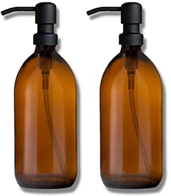 Amber Glass Bottles 500ml Soap Dispenser with Metal Pump (BPA-Free) Brown Glass Empty Soap Dispensers – Reusable Refillable Eco friendly, Sustainable Living/Gift (Black Satin-Finish, 2)