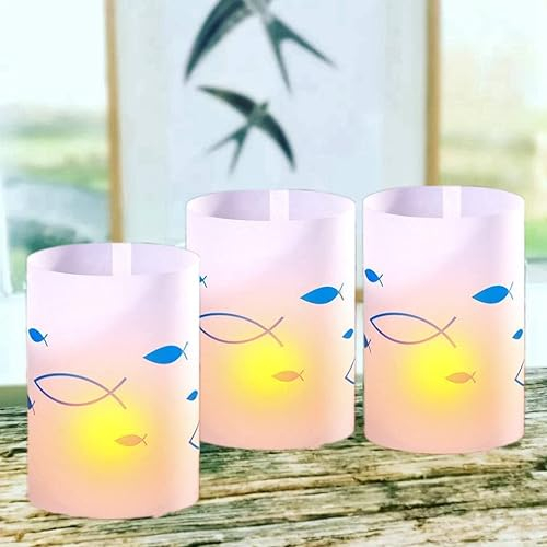 10 x Windlichter Lichthüllen Tischlicht Windlichter Fisch Lichthülle (9cm*14cm Teelicht-Hülle Kommunion Konfirmation Taufe Fisch grau blau, Tischdeko Kommunion Konfirmation Fisch blau