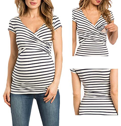 Buliezy Maternité Allaitement Chemise croisée à Manches Courtes et col en V Solide Enceinte T-Shirt de Grossesse - Allaitement Blouses