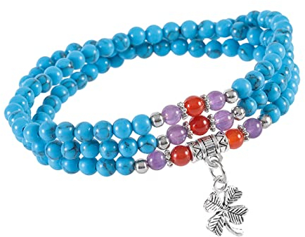 KYEYGWO Blau Howlith Türkis Kleeblatt Kristall Perlen Armband für Unisex, Buddhistischer Halsketten Chakra Armbänder Edelstein Wickelarmband Glücksbringer Perlenketten Segen Schmuck