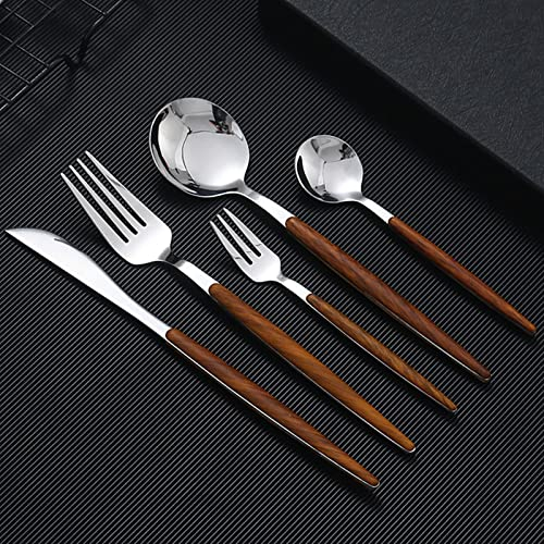 Juego de 30 cubiertos de mesa, para 6 personas, mango de imitación de madera, antiquemaduras, cuchillo tenedor cuchara juego de cena de cocina, lavavajillas
