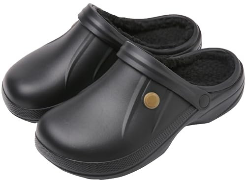 ChayChax Damen Clogs Gefüttert Herren Winter Hausschuhe Wasserdicht Warme Pantoffeln Plüsch Pantoletten Rutschfeste Outdoor Winterschuhe, Schwarz Schwarz, 39/40 EU