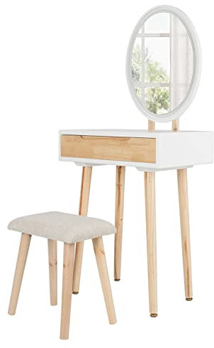 ARTETHYS Dressing Table Set with LED Lights Mirror, Modern Vanity Makeup with 1 Drawer, Cushioned Stool and Free Make-up Organizer, Bedroom Dresser with Adjustable Brightness Mirror(Oval)