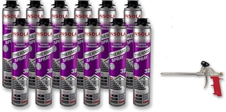 INSOLA Thermo Spray 3D – Isolation Polyuréthane Projetable 850ml – L'un des Meilleurs Pouvoirs Isolants du Marché – 80% Cellules Fermées – Confort Thermique et Acoustique (Lot de 12 + 1 Pistolet)